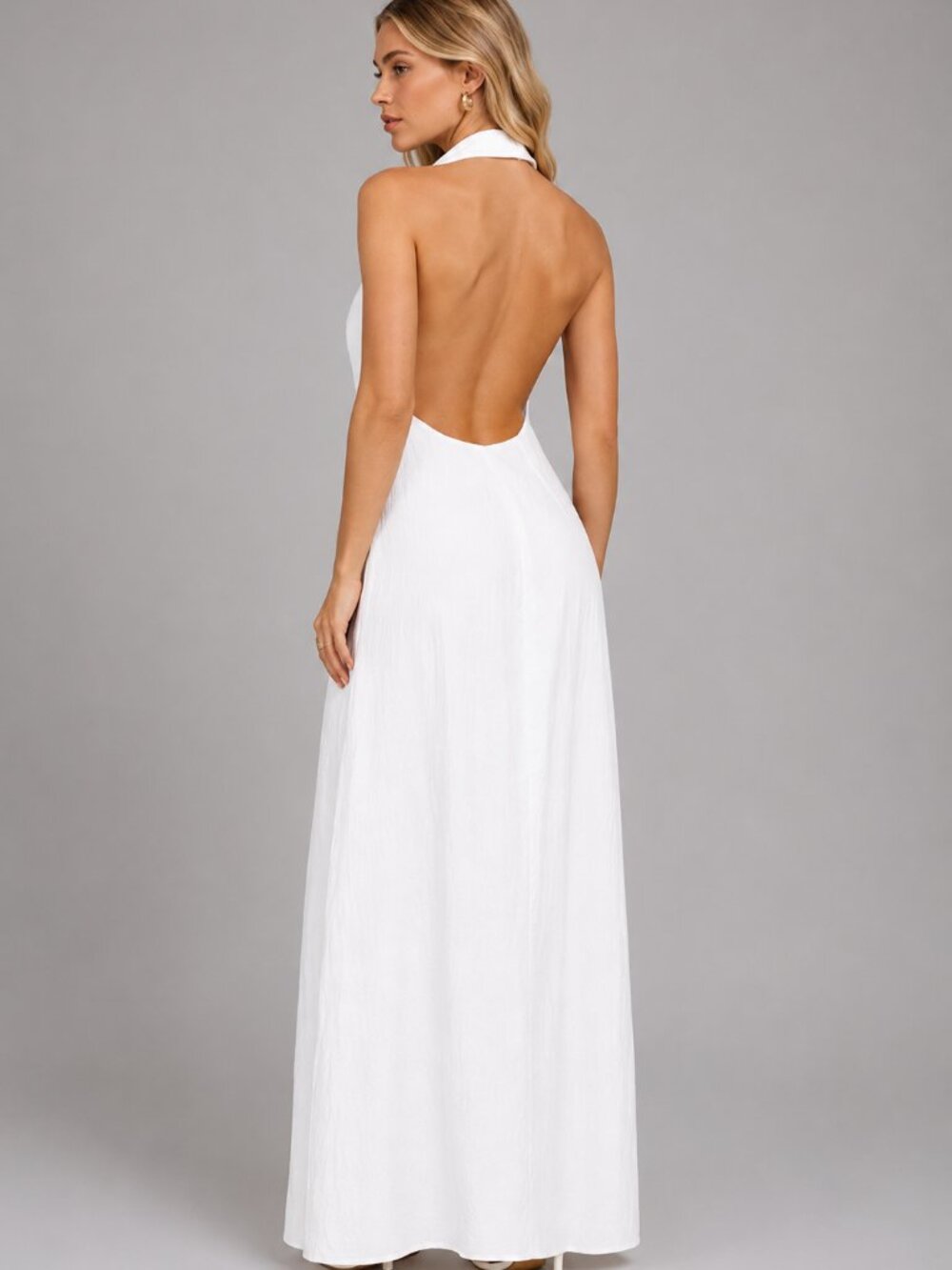 Women’s White Halter Button Front Backless Maxi Shirtdress Elegant Chic Style - Picture 2 of 5